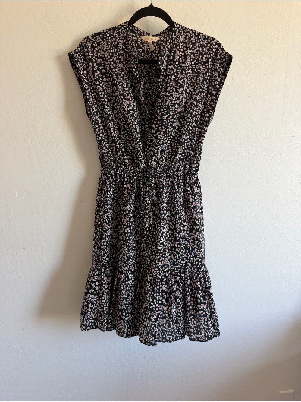 Rebecca Taylor Black Floral Silk Tiered Mini Dress Size 0